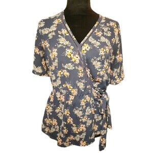 Sienna Sky Women's S Navy Blue Pink Floral Faux Wrap Blouse Top Flutter Sleeves